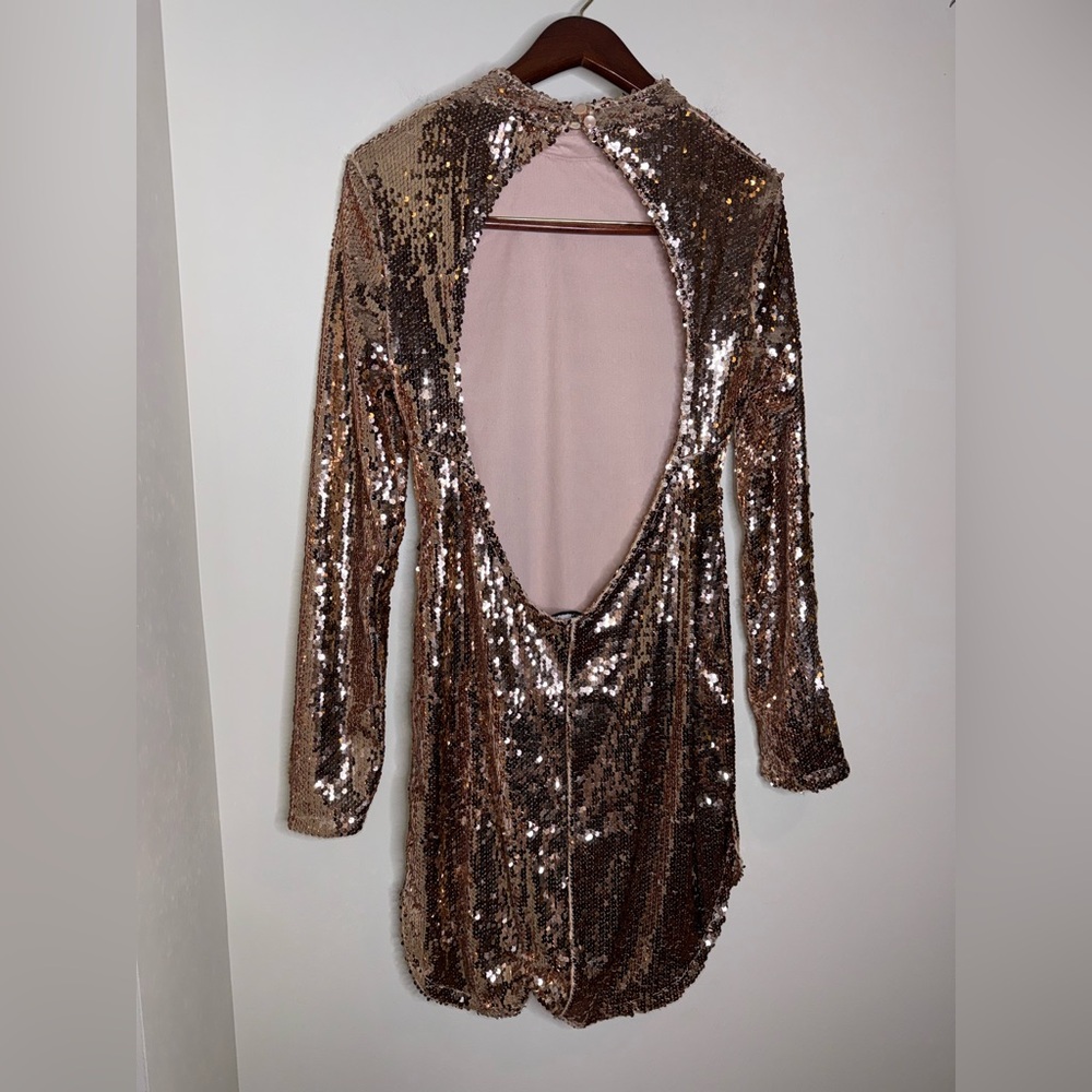 Fashion Nova Rose Gold Sequin Glam Mini Dress Open Back - Picture 6 of 7